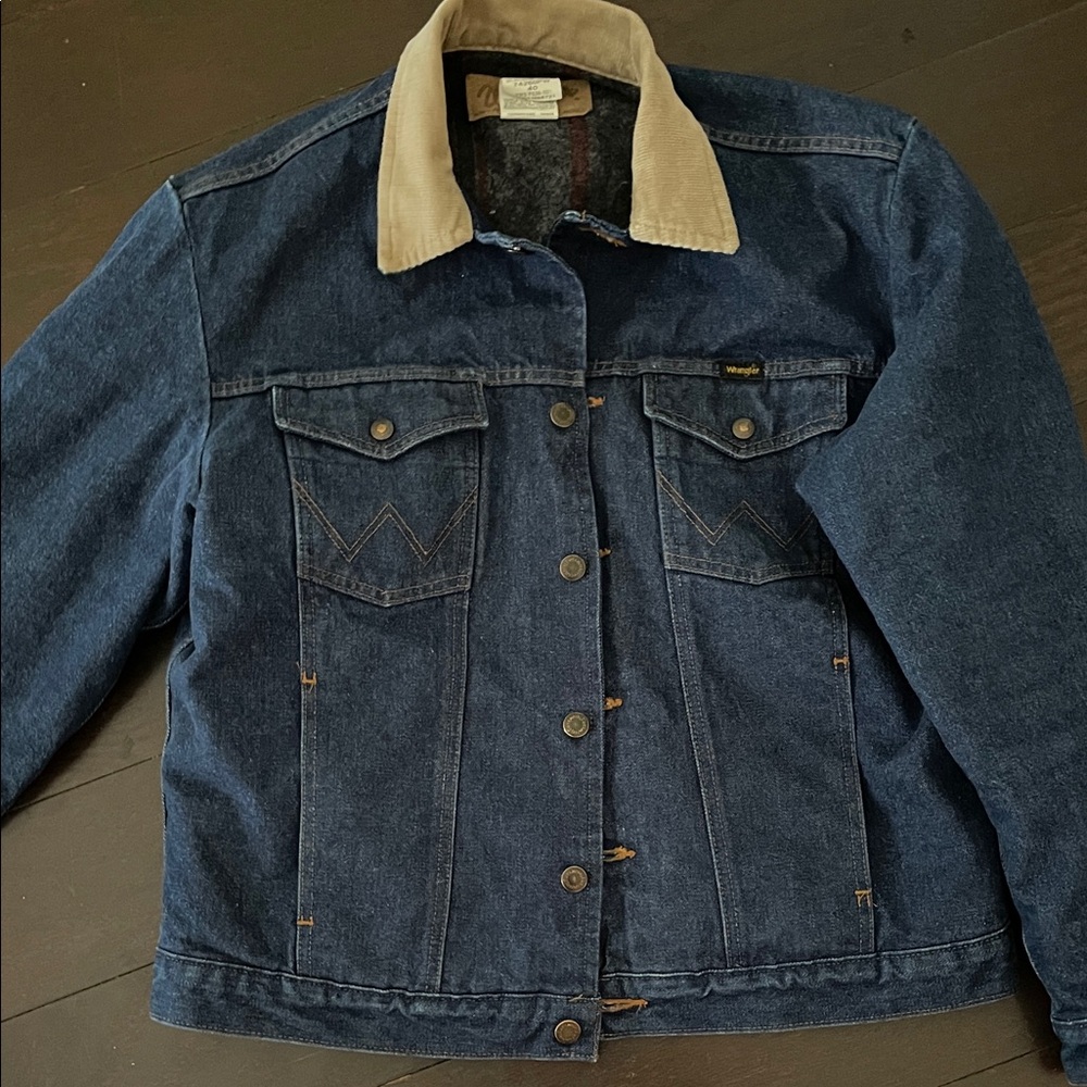 Wrangler Dark Blue Denim Jacket with Tan Corduroy Collar